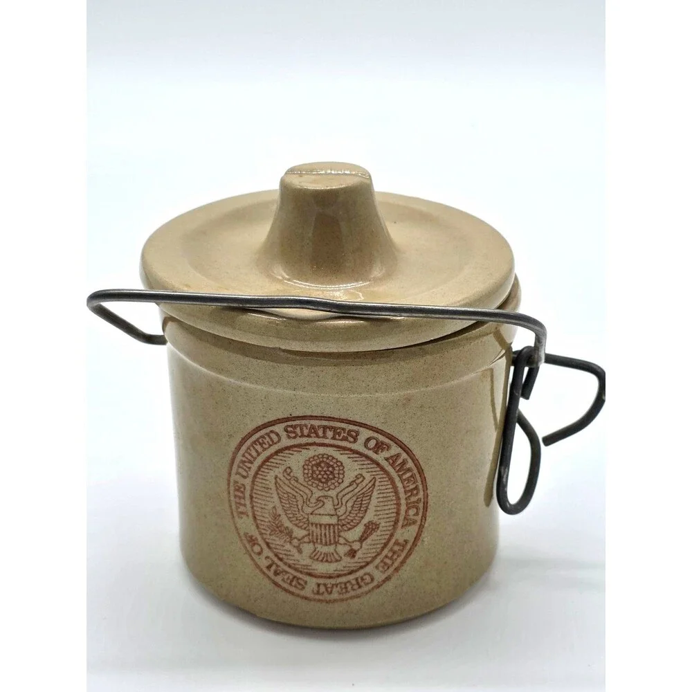 Beige Ceramic Canister Crock Jar w/ Latch Lid & Metal Bail Handle USA Seal